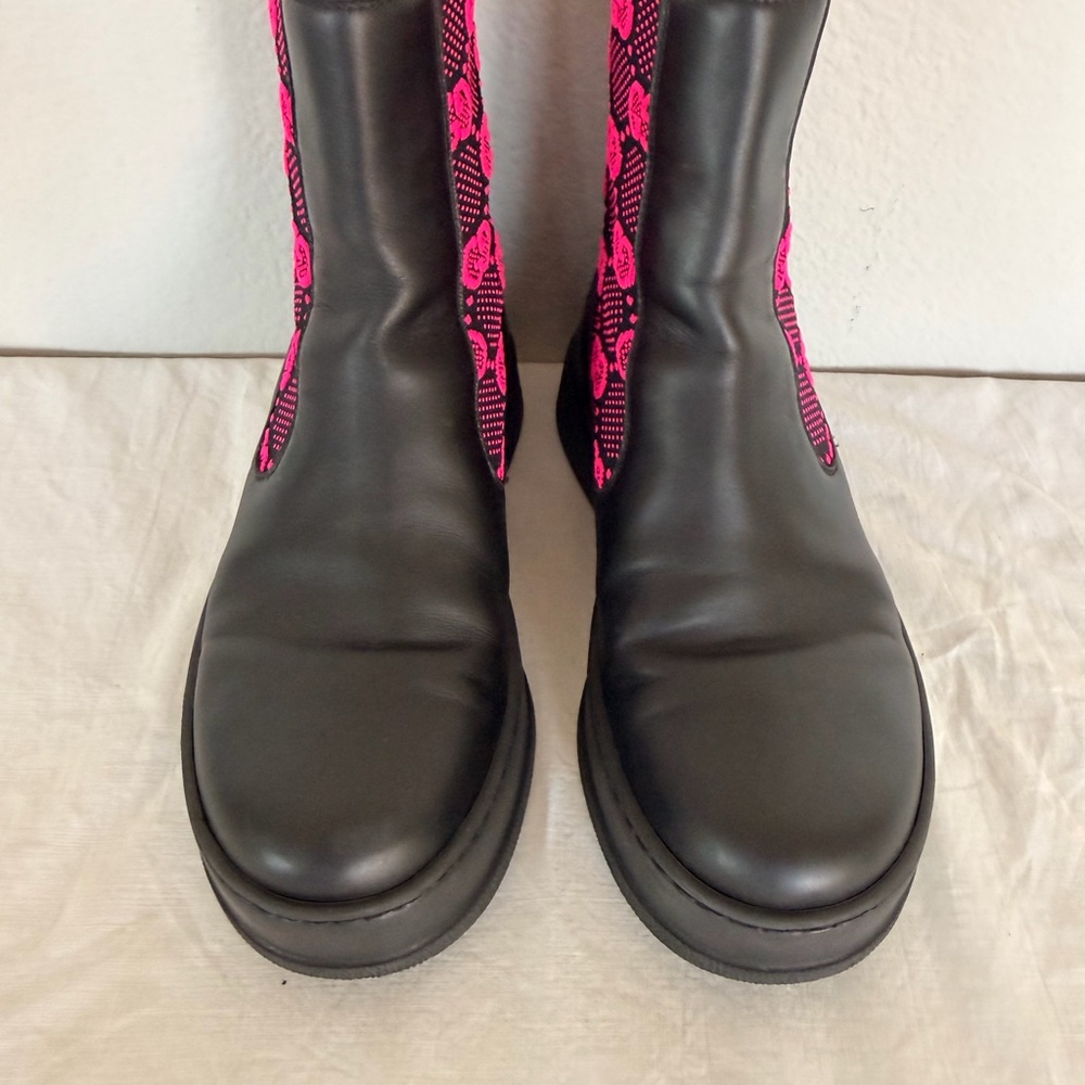 Gucci Black Leather Ankle Boots with Hot Pink Knit Panels